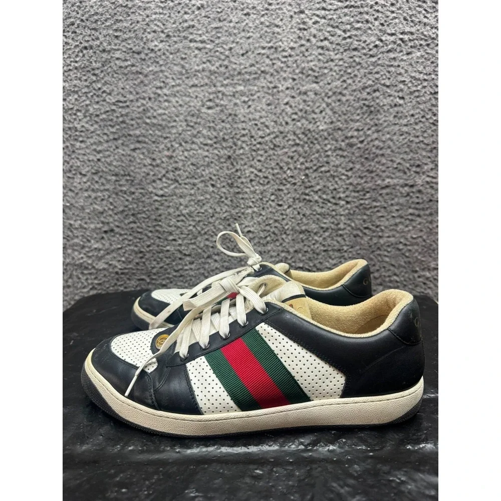 Gucci Screener Lace Up Leather Low Top Sneakers Black White Mens Size 12 US